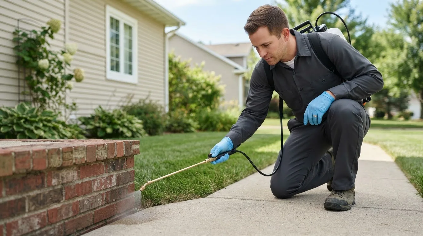 Pest control technician treating a home near Hinckley, IL